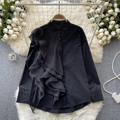 Μακρυμάνικο βολάν με μονό στήθος casual λεπτό κομψό και λεπτές γυναίκες Κορεάτικα streetwear Ανοιξιάτικο φθινόπωρο γυναικείο πουκάμισο