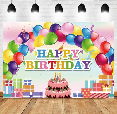 Halo Daudz laimes dzimšanas dienā Balonu ballītes fona dāvanu dzimšanas dienas kūku galda fona noformējums Varavīksnes saldo konfekšu fotoattēlu fons