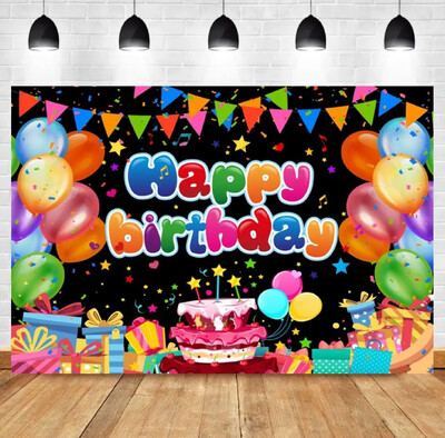Halo Daudz laimes dzimšanas dienā Balonu ballītes fona dāvanu dzimšanas dienas kūku galda fona noformējums Varavīksnes saldo konfekšu fotoattēlu fons