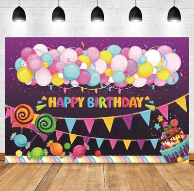 Halo Daudz laimes dzimšanas dienā Balonu ballītes fona dāvanu dzimšanas dienas kūku galda fona noformējums Varavīksnes saldo konfekšu fotoattēlu fons