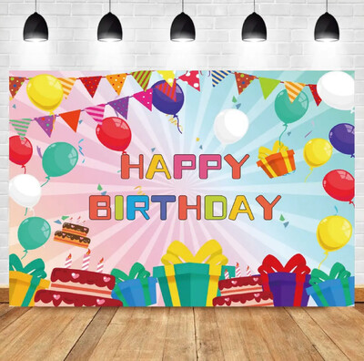 Halo Daudz laimes dzimšanas dienā Balonu ballītes fona dāvanu dzimšanas dienas kūku galda fona noformējums Varavīksnes saldo konfekšu fotoattēlu fons