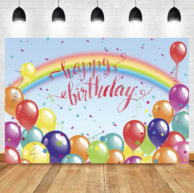 Halo Daudz laimes dzimšanas dienā Balonu ballītes fona dāvanu dzimšanas dienas kūku galda fona noformējums Varavīksnes saldo konfekšu fotoattēlu fons