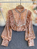 Tavaszi őszi virágos, fodros blúz ing alkalmi hosszú ujjú női elegáns irodai női állógalléros, gombos felső ing GD632