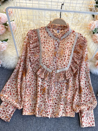 Tavaszi őszi virágos, fodros blúz ing alkalmi hosszú ujjú női elegáns irodai női állógalléros, gombos felső ing GD632
