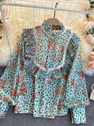 Tavaszi őszi virágos, fodros blúz ing alkalmi hosszú ujjú női elegáns irodai női állógalléros, gombos felső ing GD632