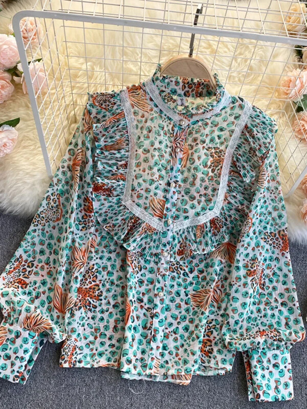 Tavaszi őszi virágos, fodros blúz ing alkalmi hosszú ujjú női elegáns irodai női állógalléros, gombos felső ing GD632