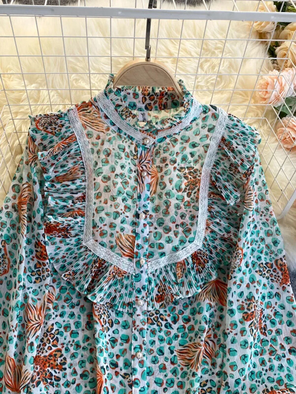 Tavaszi őszi virágos, fodros blúz ing alkalmi hosszú ujjú női elegáns irodai női állógalléros, gombos felső ing GD632