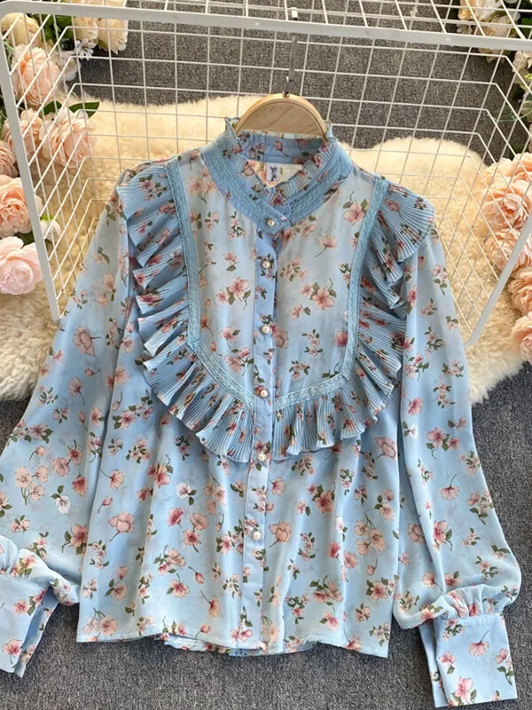 Tavaszi őszi virágos, fodros blúz ing alkalmi hosszú ujjú női elegáns irodai női állógalléros, gombos felső ing GD632