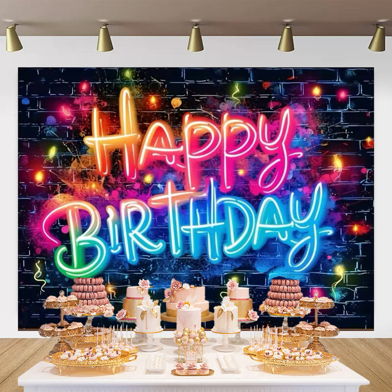 Θέμα Umi Neon που αναβοσβήνει με φόντο τούβλο τοίχο σε σκοτεινό φωσφορίζον σκηνικό διακόσμηση πάρτι γενεθλίων ενηλίκων και παιδιών