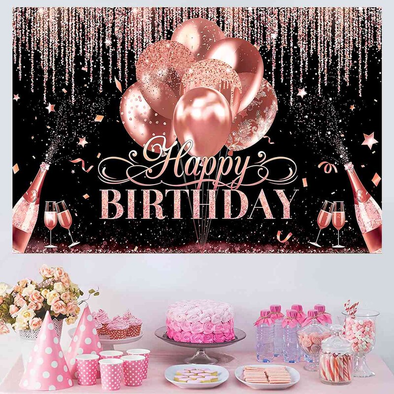 Fekete rózsaszín boldog születésnapot háttér Rózsa arany csillogó léggömb party dekoráció családi portré fotózás háttér születésnapi dekoráció