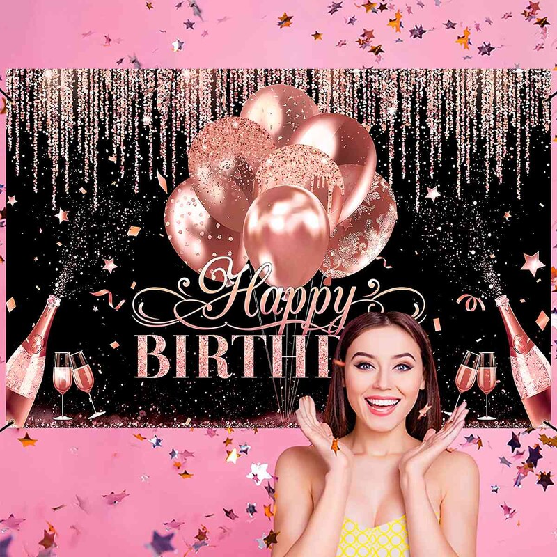 Fekete rózsaszín boldog születésnapot háttér Rózsa arany csillogó léggömb party dekoráció családi portré fotózás háttér születésnapi dekoráció