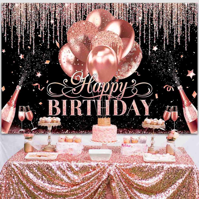 Fekete rózsaszín boldog születésnapot háttér Rózsa arany csillogó léggömb party dekoráció családi portré fotózás háttér születésnapi dekoráció