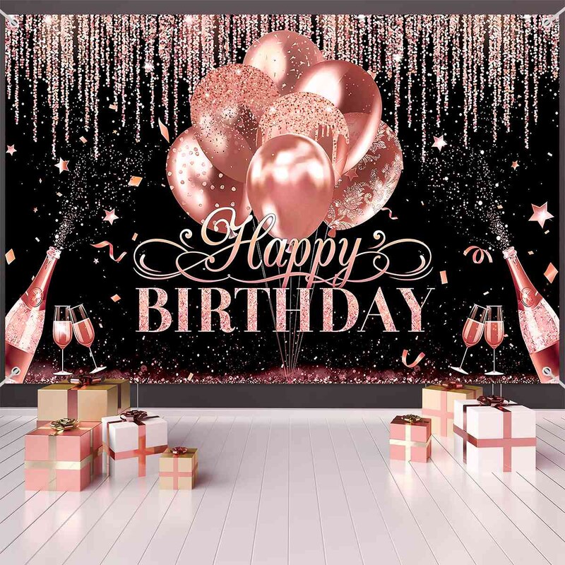 Fekete rózsaszín boldog születésnapot háttér Rózsa arany csillogó léggömb party dekoráció családi portré fotózás háttér születésnapi dekoráció