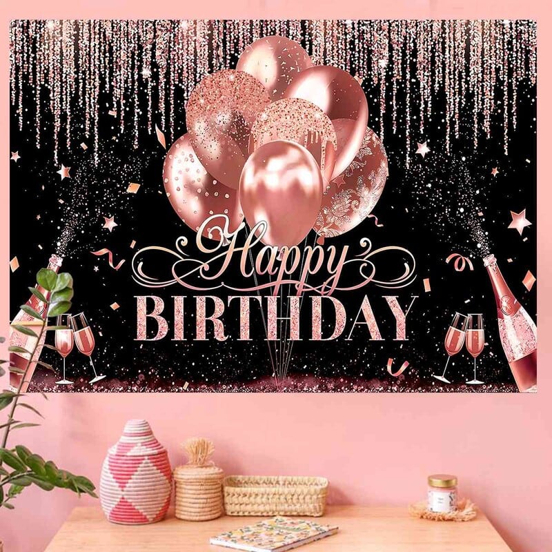 Fekete rózsaszín boldog születésnapot háttér Rózsa arany csillogó léggömb party dekoráció családi portré fotózás háttér születésnapi dekoráció