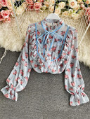 Pavasara rudens Jauna brīva temperamenta blūze Sieviešu sēnīšu statīva apkakle, rievota ziedu trompete piedurknēm Šifona augšējais krekls C151