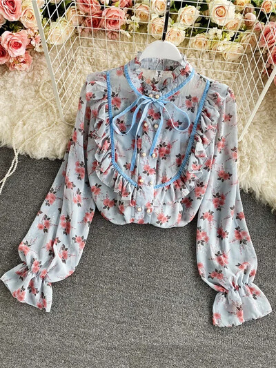 Pavasara rudens Jauna brīva temperamenta blūze Sieviešu sēnīšu statīva apkakle, rievota ziedu trompete piedurknēm Šifona augšējais krekls C151