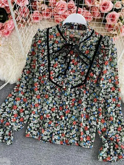 Pavasara rudens Jauna brīva temperamenta blūze Sieviešu sēnīšu statīva apkakle, rievota ziedu trompete piedurknēm Šifona augšējais krekls C151