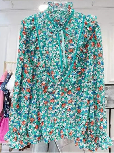 Pavasara rudens Jauna brīva temperamenta blūze Sieviešu sēnīšu statīva apkakle, rievota ziedu trompete piedurknēm Šifona augšējais krekls C151