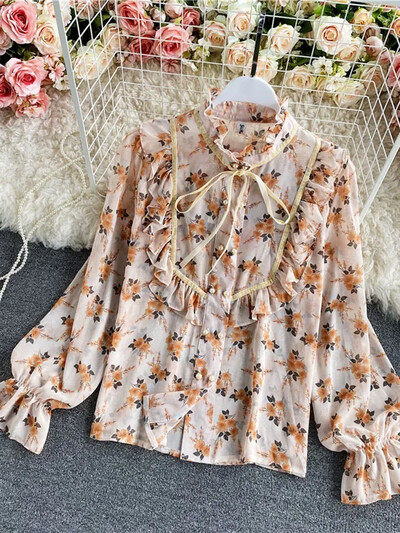 Pavasara rudens Jauna brīva temperamenta blūze Sieviešu sēnīšu statīva apkakle, rievota ziedu trompete piedurknēm Šifona augšējais krekls C151