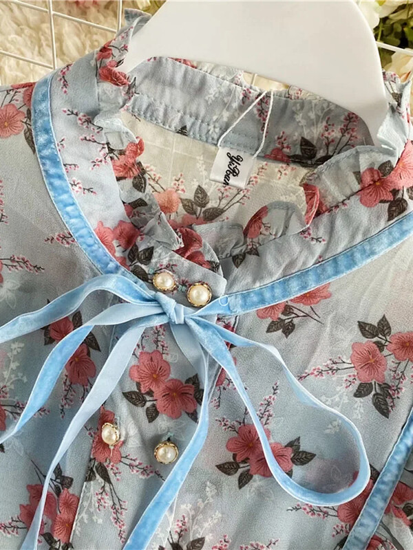 Pavasara rudens Jauna brīva temperamenta blūze Sieviešu sēnīšu statīva apkakle, rievota ziedu trompete piedurknēm Šifona augšējais krekls C151