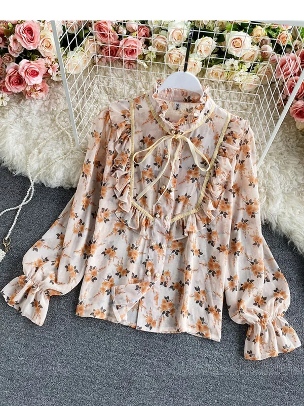 Pavasara rudens Jauna brīva temperamenta blūze Sieviešu sēnīšu statīva apkakle, rievota ziedu trompete piedurknēm Šifona augšējais krekls C151