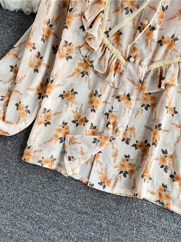 Pavasara rudens Jauna brīva temperamenta blūze Sieviešu sēnīšu statīva apkakle, rievota ziedu trompete piedurknēm Šifona augšējais krekls C151