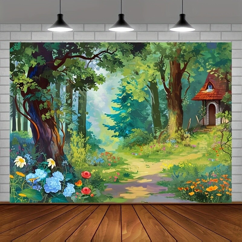Magic Forest Fairy Tale téma háttér fotó kellék, poliészter transzparens dekoráció, parti lakberendezés, parti fali dekoráció