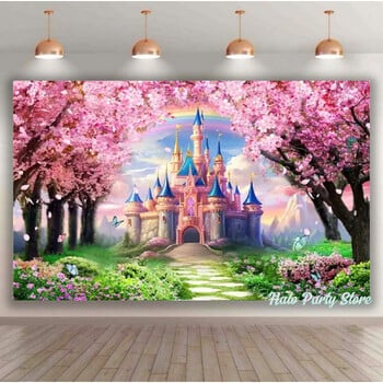 Ροζ Rainbow Castle Princess Birthday Party Backdrons Flowers Forest Backdrons for Photo Studio Princess Baby Shower Party Photo