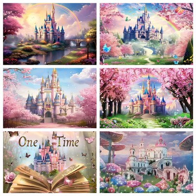 Ροζ Rainbow Castle Princess Birthday Party Backdrons Flowers Forest Backdrons for Photo Studio Princess Baby Shower Party Photo