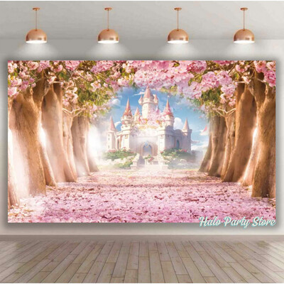 Rozā varavīksnes pils princeses dzimšanas dienas ballītes foni Ziedi meža foni fotostudijai Princeses bērnu dušas ballītes foto