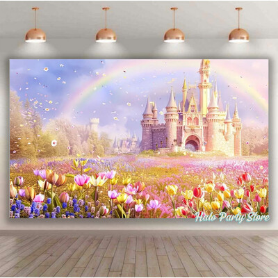 Rozā varavīksnes pils princeses dzimšanas dienas ballītes foni Ziedi meža foni fotostudijai Princeses bērnu dušas ballītes foto