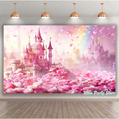 Rozā varavīksnes pils princeses dzimšanas dienas ballītes foni Ziedi meža foni fotostudijai Princeses bērnu dušas ballītes foto