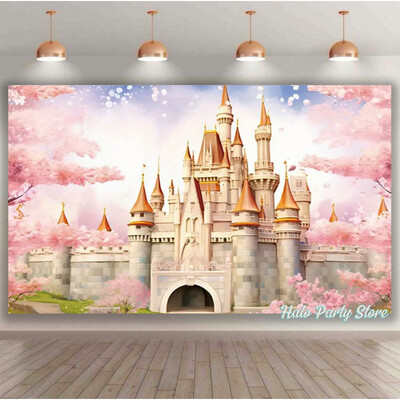 Rozā varavīksnes pils princeses dzimšanas dienas ballītes foni Ziedi meža foni fotostudijai Princeses bērnu dušas ballītes foto