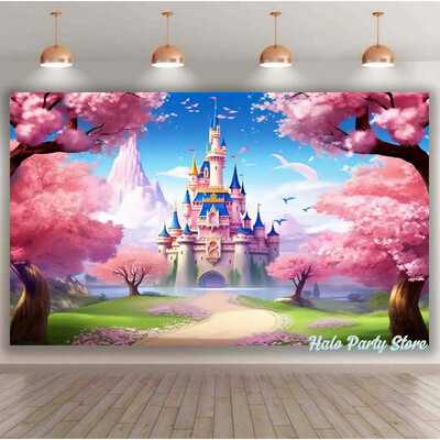 Rozā varavīksnes pils princeses dzimšanas dienas ballītes foni Ziedi meža foni fotostudijai Princeses bērnu dušas ballītes foto