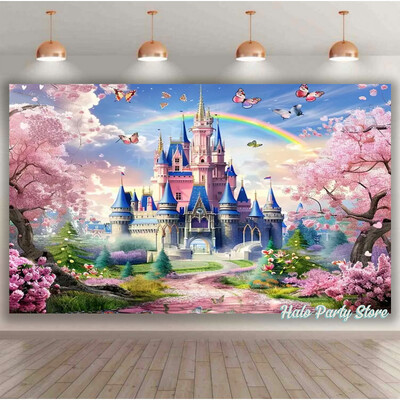 Rozā varavīksnes pils princeses dzimšanas dienas ballītes foni Ziedi meža foni fotostudijai Princeses bērnu dušas ballītes foto