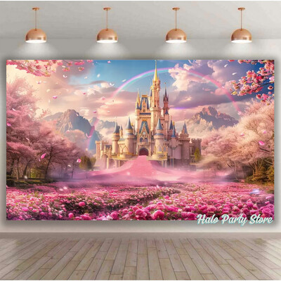 Rozā varavīksnes pils princeses dzimšanas dienas ballītes foni Ziedi meža foni fotostudijai Princeses bērnu dušas ballītes foto