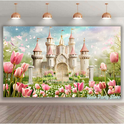 Rozā varavīksnes pils princeses dzimšanas dienas ballītes foni Ziedi meža foni fotostudijai Princeses bērnu dušas ballītes foto