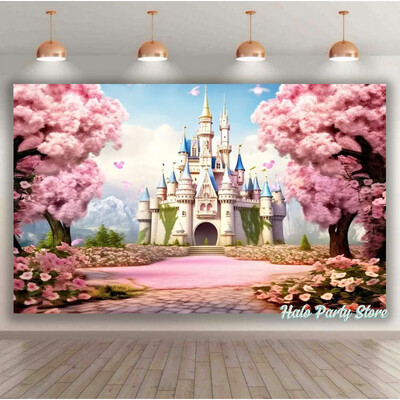 Rozā varavīksnes pils princeses dzimšanas dienas ballītes foni Ziedi meža foni fotostudijai Princeses bērnu dušas ballītes foto