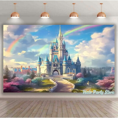 Rozā varavīksnes pils princeses dzimšanas dienas ballītes foni Ziedi meža foni fotostudijai Princeses bērnu dušas ballītes foto