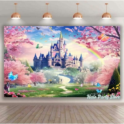 Rozā varavīksnes pils princeses dzimšanas dienas ballītes foni Ziedi meža foni fotostudijai Princeses bērnu dušas ballītes foto