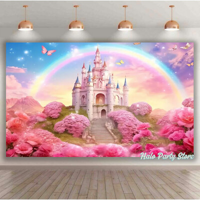 Rozā varavīksnes pils princeses dzimšanas dienas ballītes foni Ziedi meža foni fotostudijai Princeses bērnu dušas ballītes foto