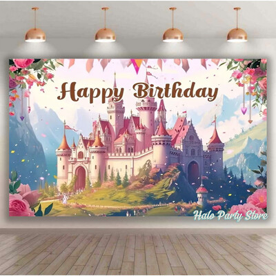 Rozā varavīksnes pils princeses dzimšanas dienas ballītes foni Ziedi meža foni fotostudijai Princeses bērnu dušas ballītes foto