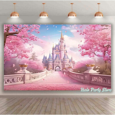 Rozā varavīksnes pils princeses dzimšanas dienas ballītes foni Ziedi meža foni fotostudijai Princeses bērnu dušas ballītes foto