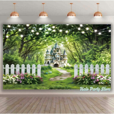 Rozā varavīksnes pils princeses dzimšanas dienas ballītes foni Ziedi meža foni fotostudijai Princeses bērnu dušas ballītes foto