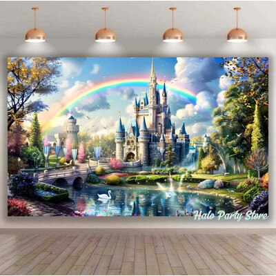 Rozā varavīksnes pils princeses dzimšanas dienas ballītes foni Ziedi meža foni fotostudijai Princeses bērnu dušas ballītes foto