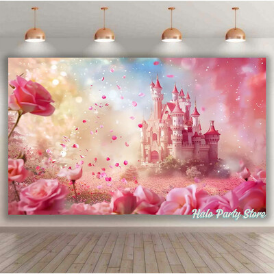 Rozā varavīksnes pils princeses dzimšanas dienas ballītes foni Ziedi meža foni fotostudijai Princeses bērnu dušas ballītes foto