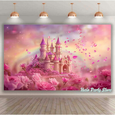 Rozā varavīksnes pils princeses dzimšanas dienas ballītes foni Ziedi meža foni fotostudijai Princeses bērnu dušas ballītes foto
