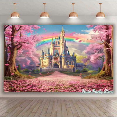 Rozā varavīksnes pils princeses dzimšanas dienas ballītes foni Ziedi meža foni fotostudijai Princeses bērnu dušas ballītes foto