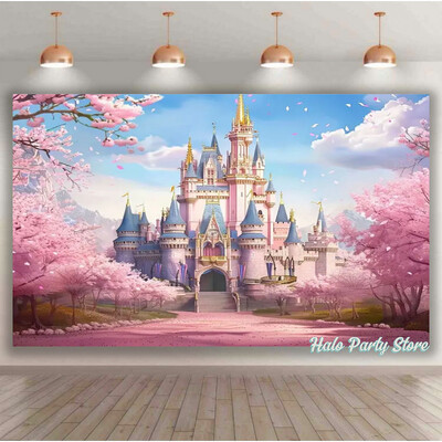 Rozā varavīksnes pils princeses dzimšanas dienas ballītes foni Ziedi meža foni fotostudijai Princeses bērnu dušas ballītes foto