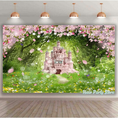Rozā varavīksnes pils princeses dzimšanas dienas ballītes foni Ziedi meža foni fotostudijai Princeses bērnu dušas ballītes foto